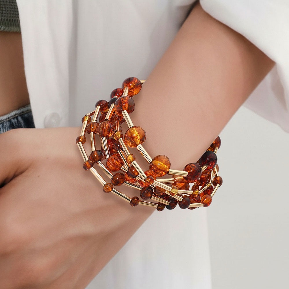 7PCS - Resin Ball Metal Bar Beaded Stretch Multi Layered Bracelets - Picture 4 of 5